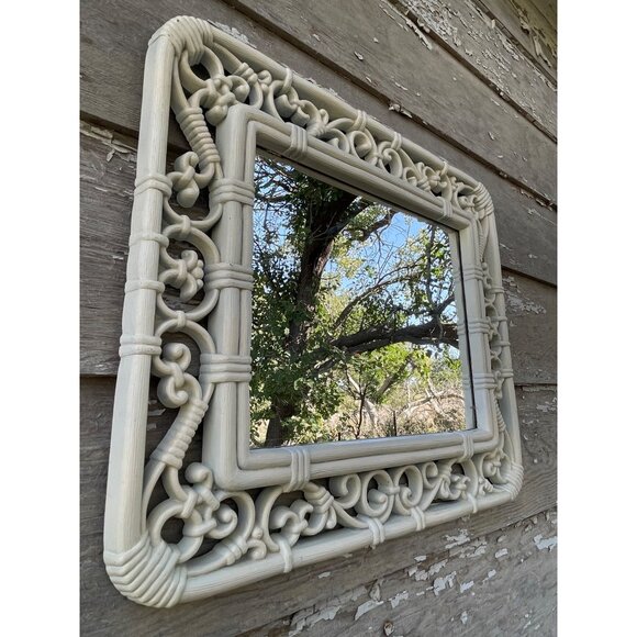 Vintage 1970s Syroco Homco White Faux Wicker Rattan Wall Mirror 14.5x12.5 - Picture 11 of 15